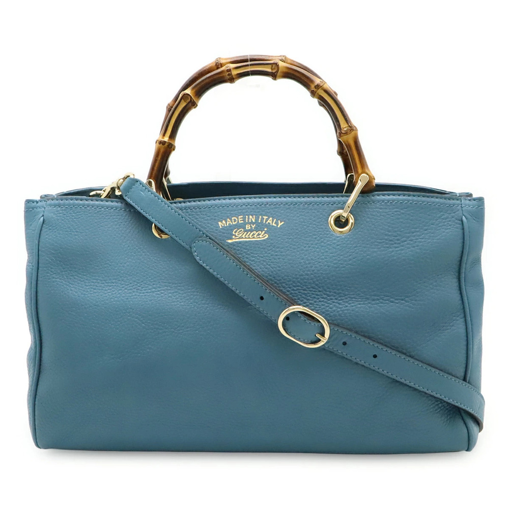 Gucci Bamboo Shopper Leather Tote Bag Handbag Shoulder Blue